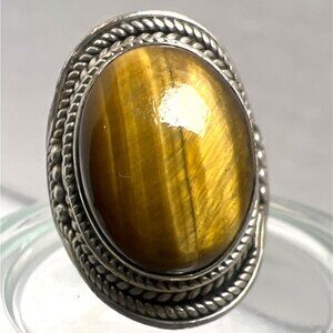 Vintage Sterling Silver Ring Tiger Eye Cabochon Ornate Detailing Boho Statement